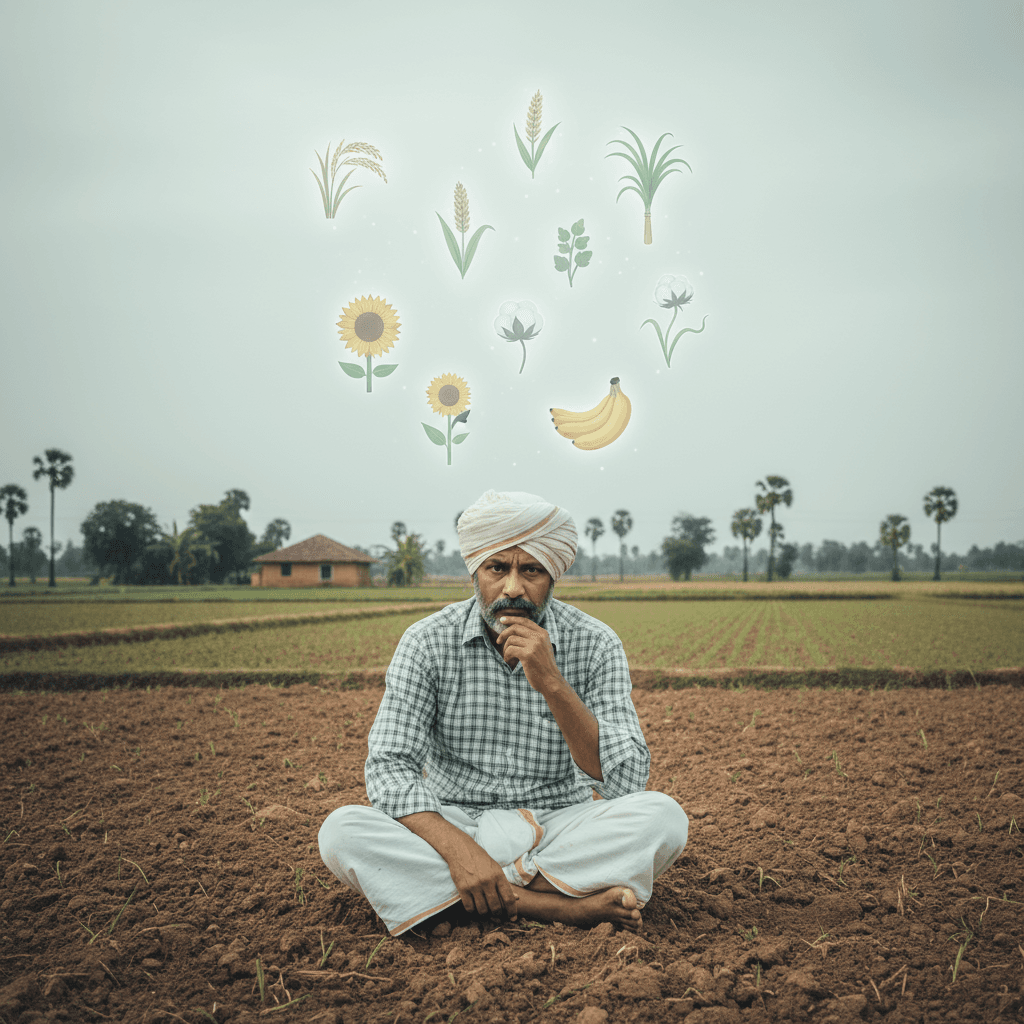 Farmer thinking in a field while crop choices appear above him.