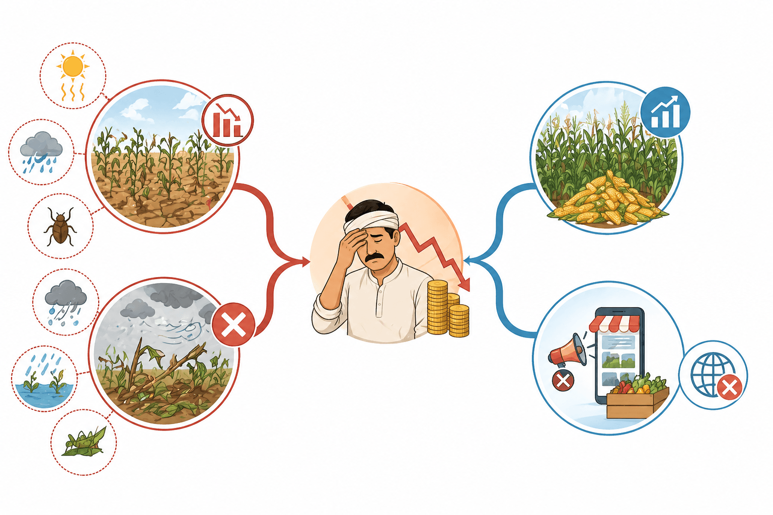 Illustration showing crop damage, farmer stress, and market challenges.