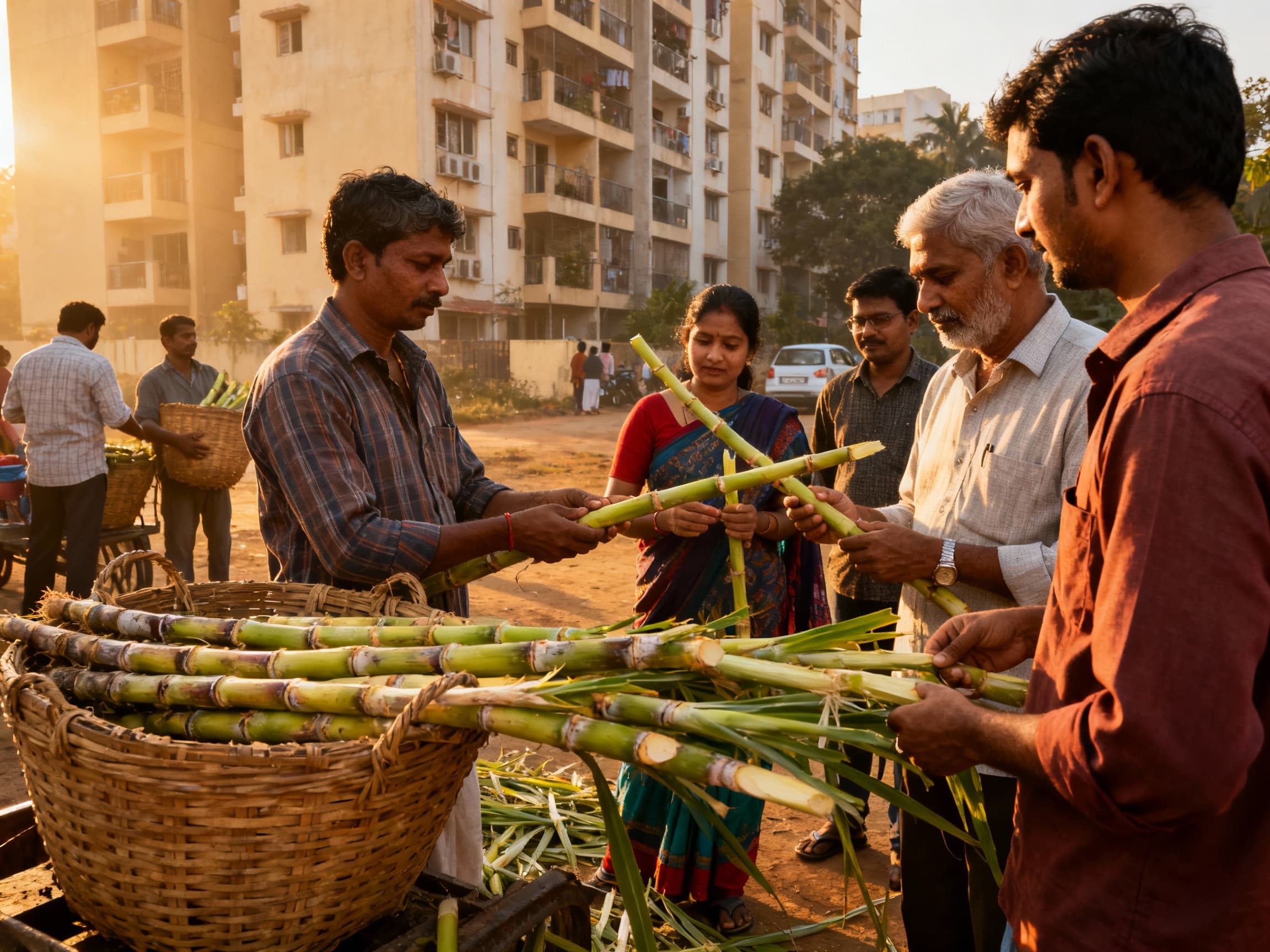 Farmers and community members inspecting harvested crop produce.