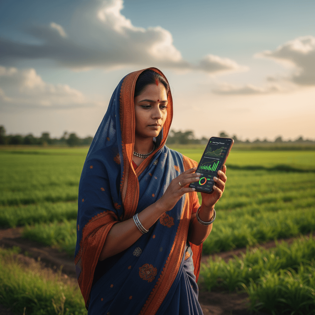Farmer viewing agricultural analytics on a phone.