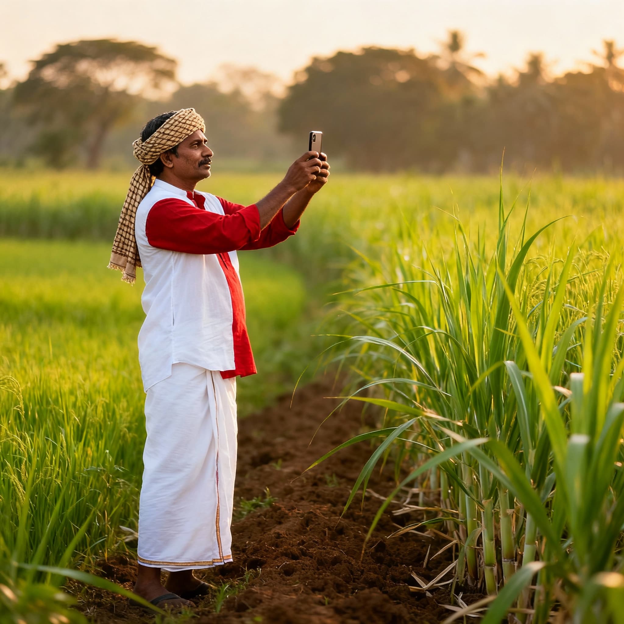 Farmer taking a photo of crops with a phone in the field.